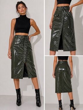 MO&Co. Olive Patent Belted Skirt size M